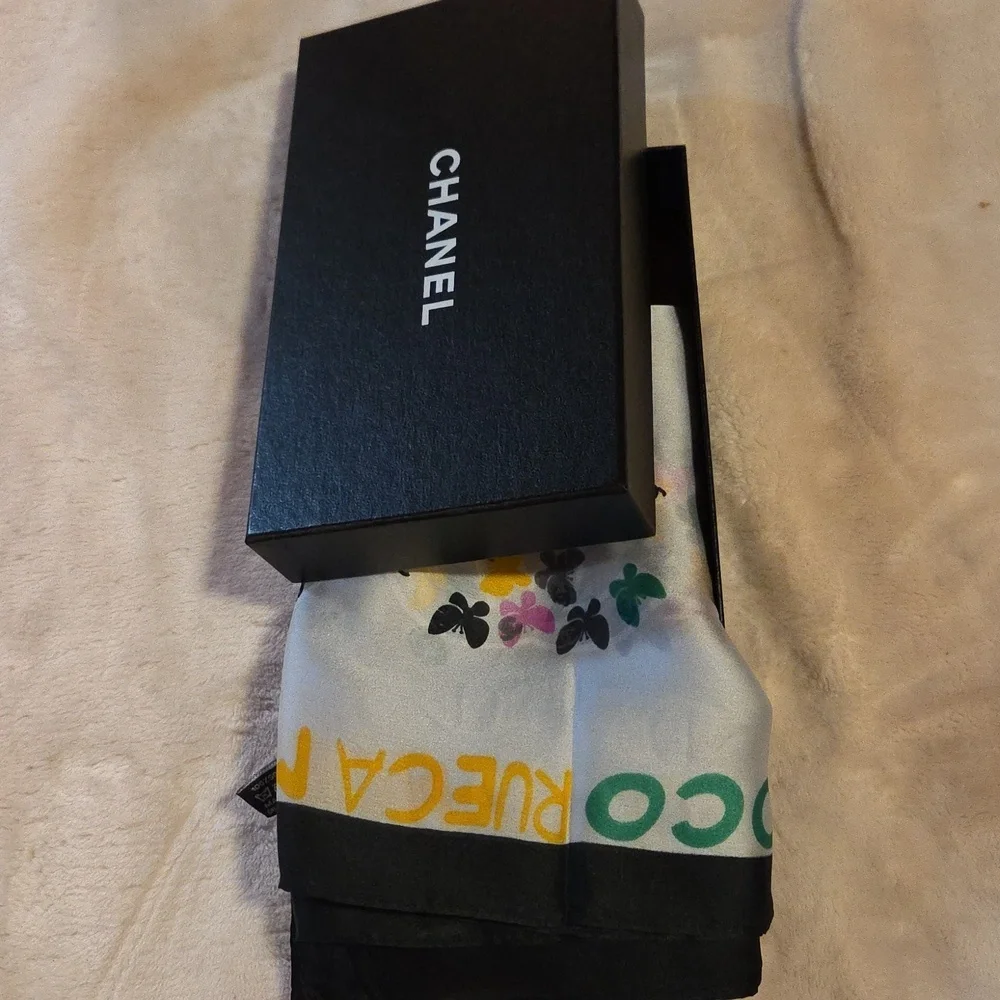 Chanel Coco RueCambon Cream Silk Scarf with Multicolor Logo‎ Pattern